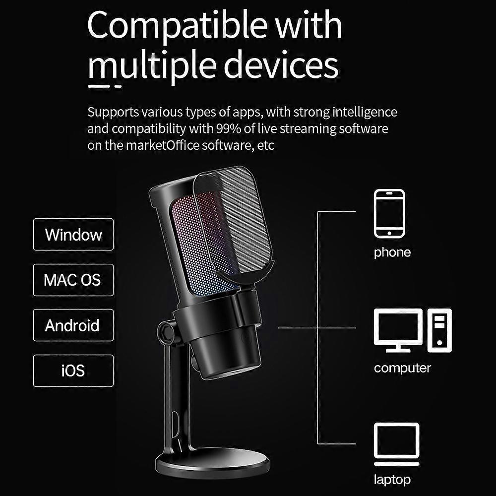 Microfono da gioco USB Kit microfono per computer Illuminazione RGB con treppiede Modalità cardioide Pick-up Un tasto per disattivare l'audio