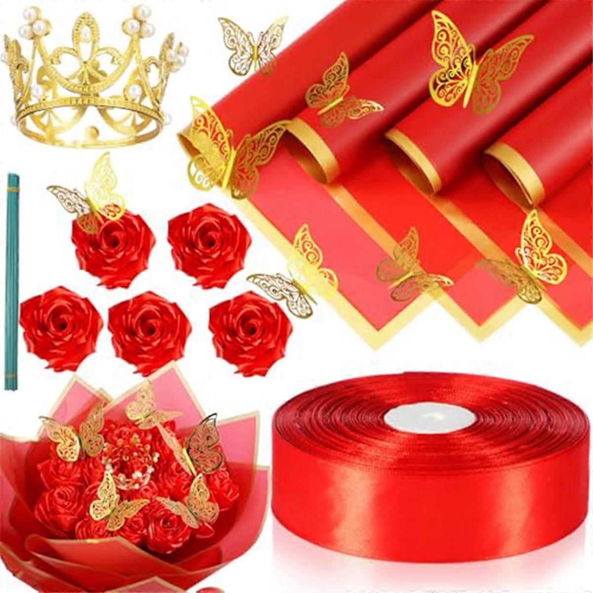 74 Pieces DIY Artificial Roses Bouquet Fake Ribbon Flowers Bouquet 1-1/2 Inch Satin Ribbon Gold Edge Wrapping Paper Red