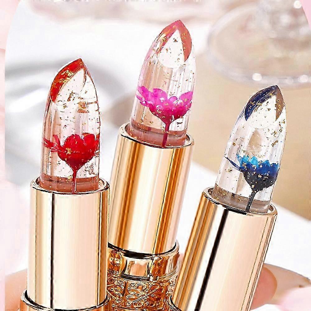 3 Colors Crystal Golden Foil Color Changing Petal Lip Balm, Temperature Color Changing Flower Lipstick Lip Gloss