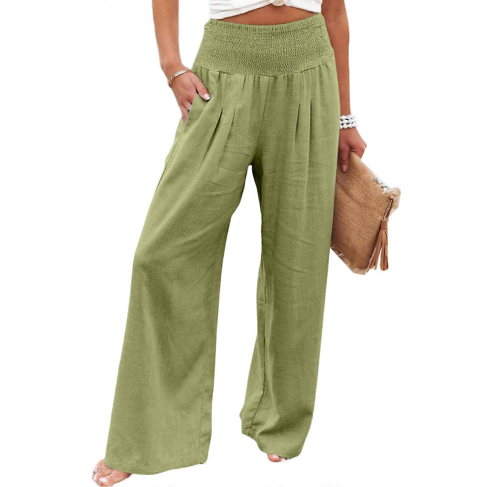 Droit Large Jambe Ample Pantalon Bureau École Casual Style Pantalon Taille Haute Couleur Unie Été Printemps Doux Tissu jaune vert XL