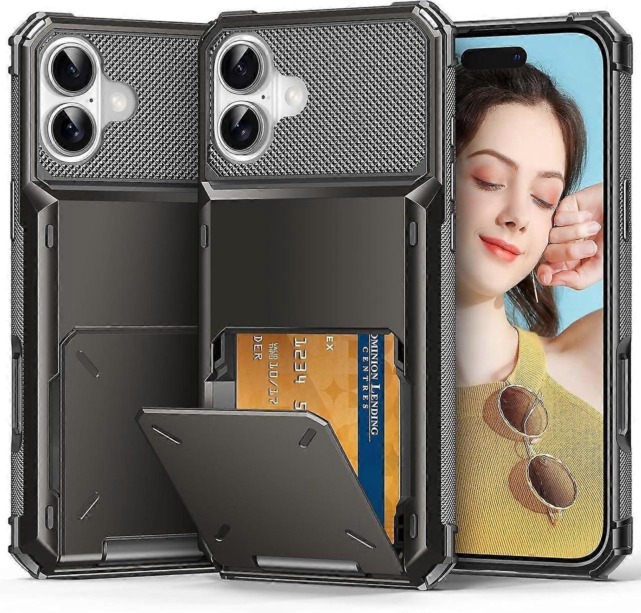Compatible with iPhone 16 Case with Card Holder [Store 5 Cards] Heavy Duty Dual Layer Shockproof Wallet Case with Hidden Card Slot Large Storage Cover