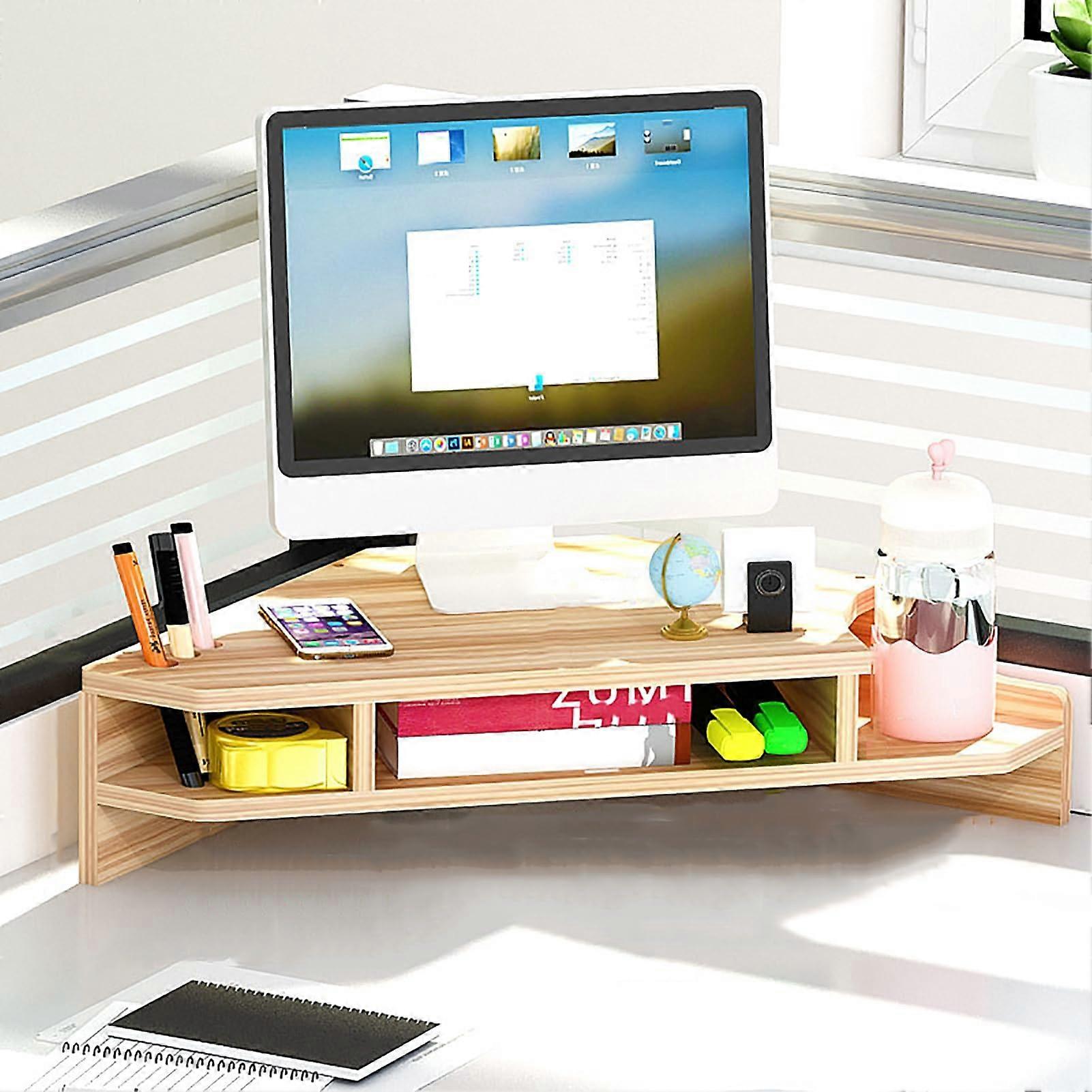 Corner Monitor Stand with 2 Tiers, Wooden Laptop Riser, Includes Pen Holders & Cup Holder, Computer Organizer for Office