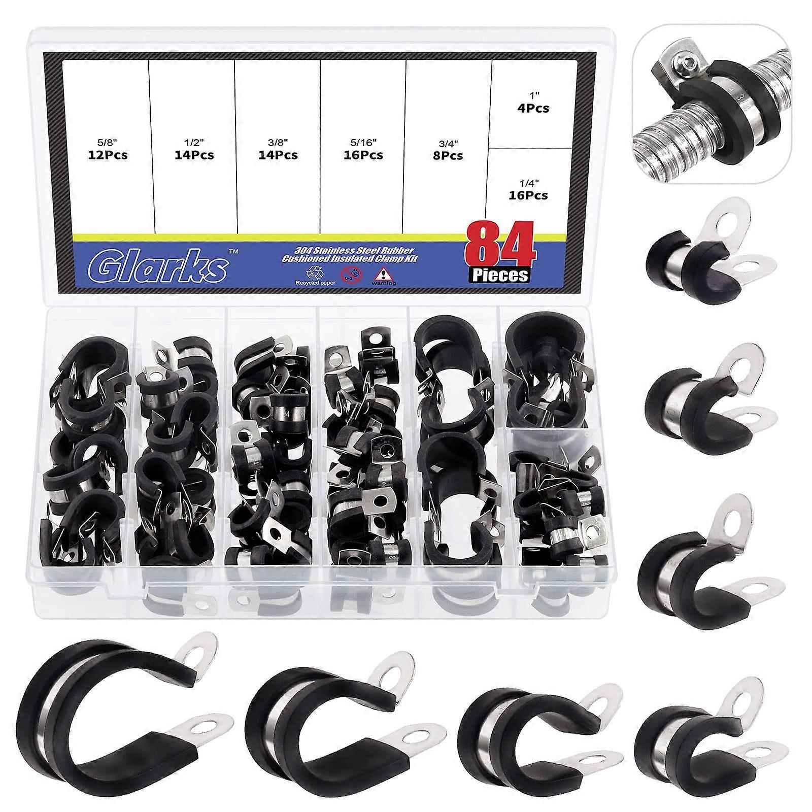 Pipe Clamps 84-Piece Set of 7 Sizes 304 Stainless Steel Rubber-Insulated Black