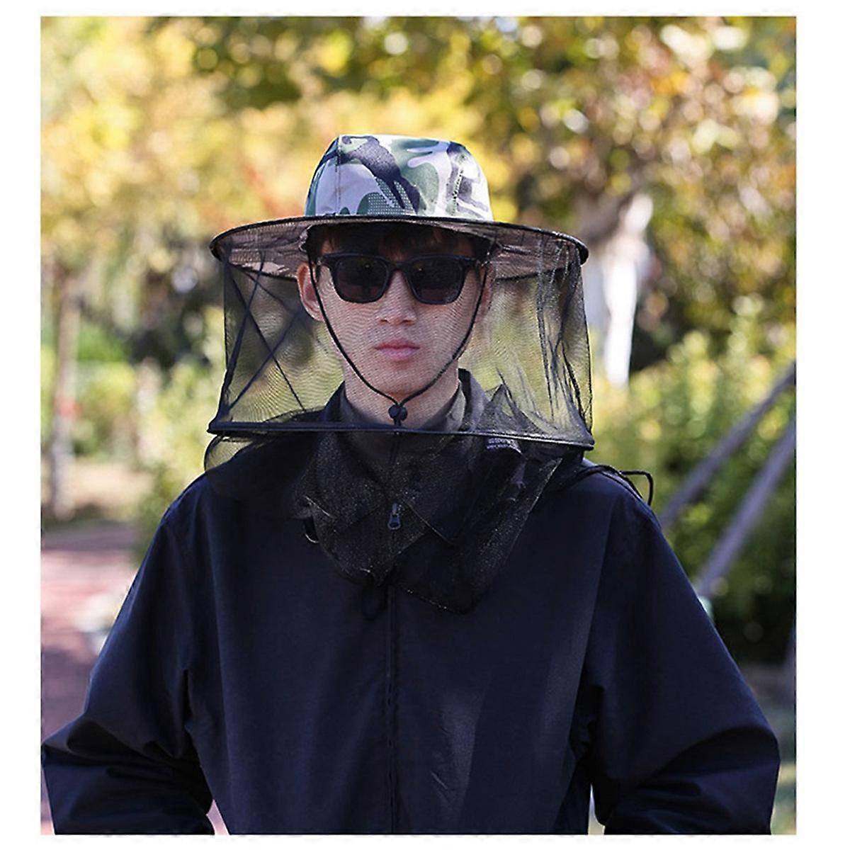 Green Camouflage Outdoor Anti-Mosquito Fishing Net Hat, Suitable for Fishing, Camping and Other Act