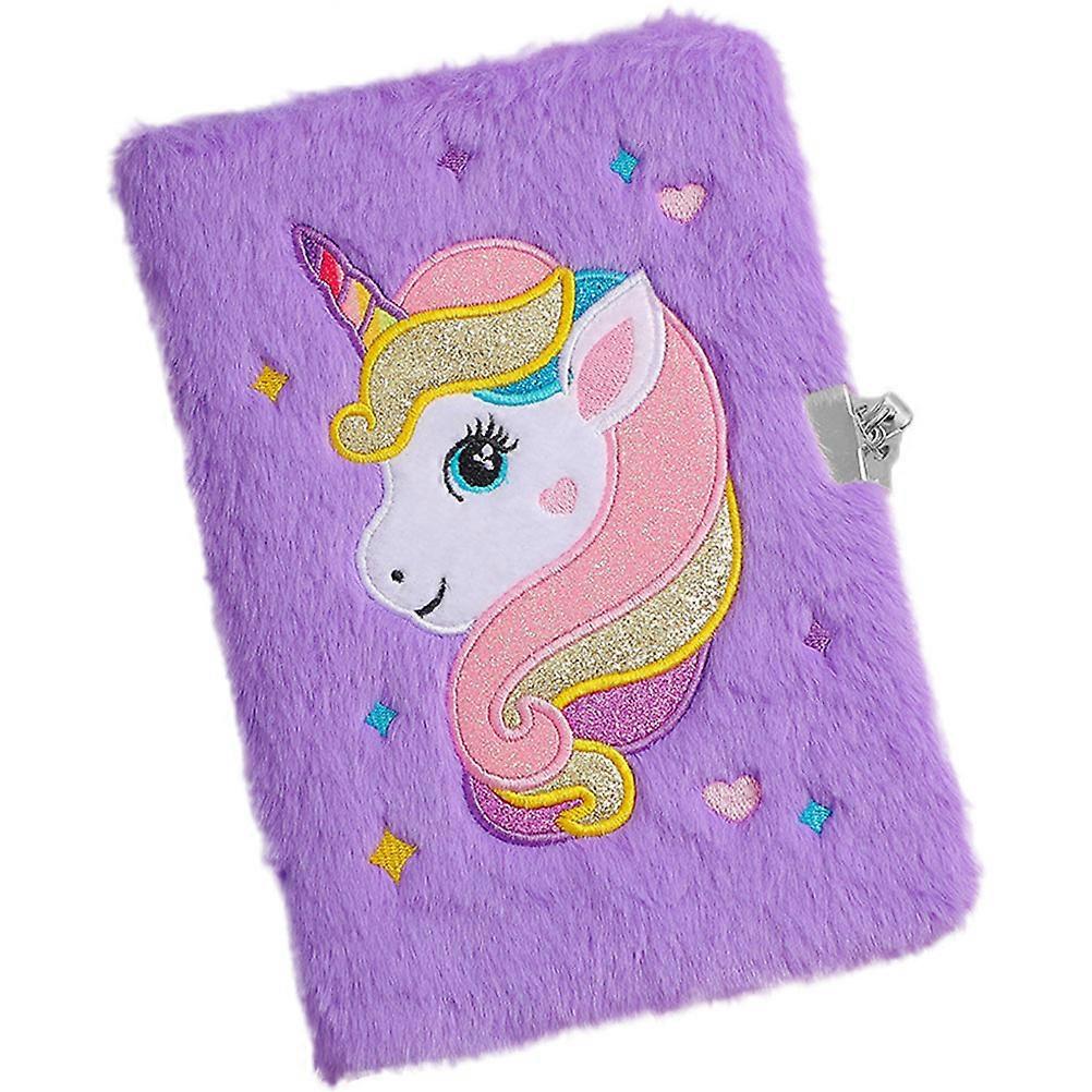 Plush Unicorn Notebook with Lock – Cute Cartoon Secret Diary, Soft Fluffy Cover, Lockable Journal for School, Travel & Personal Organization – Purple