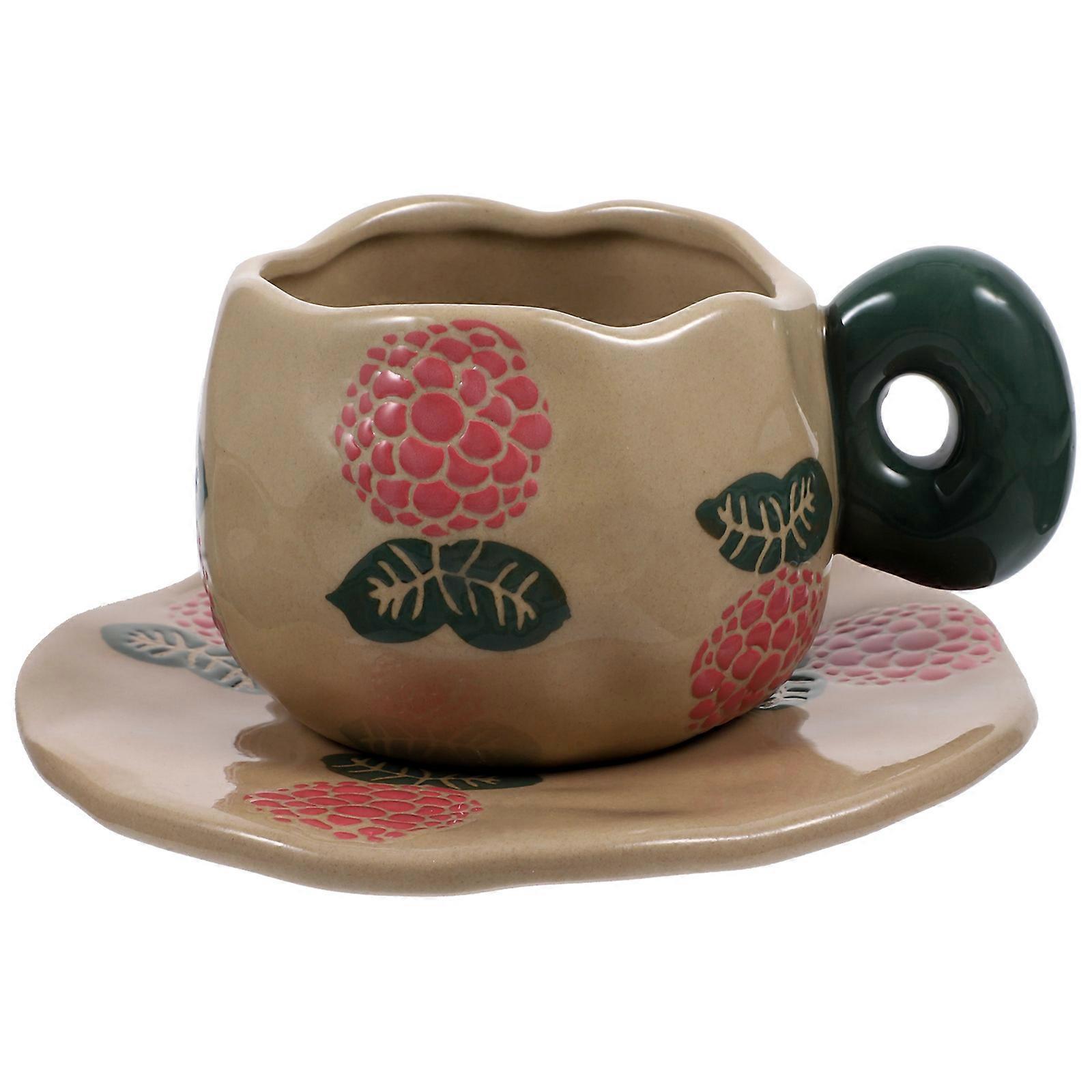 Ceramic Mug And Saucer Set Vintage Coffee Mug For Home Use Round Shape Heat-Resistant 16X7.5X8CM 1Set
