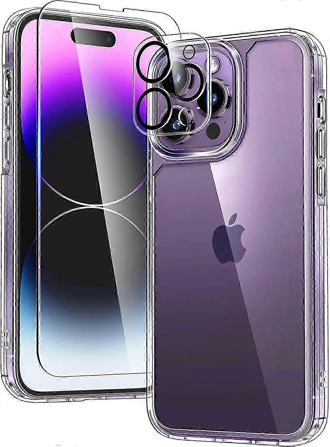 for iPhone 14 Pro Max Phone Case, [5 in 1] 1X Clear Case [Not-Yellowing] with 2X Tempered Glass Screen Protector + 2X Camera Lens Protector, [Military