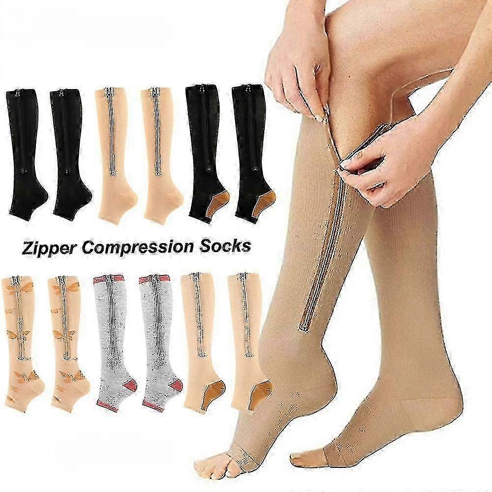 1 Pair Zipper Compression Socks For Women Men, 15-20 Mmhg Open Toe Knee Support Socks For Varicose Vein Edema