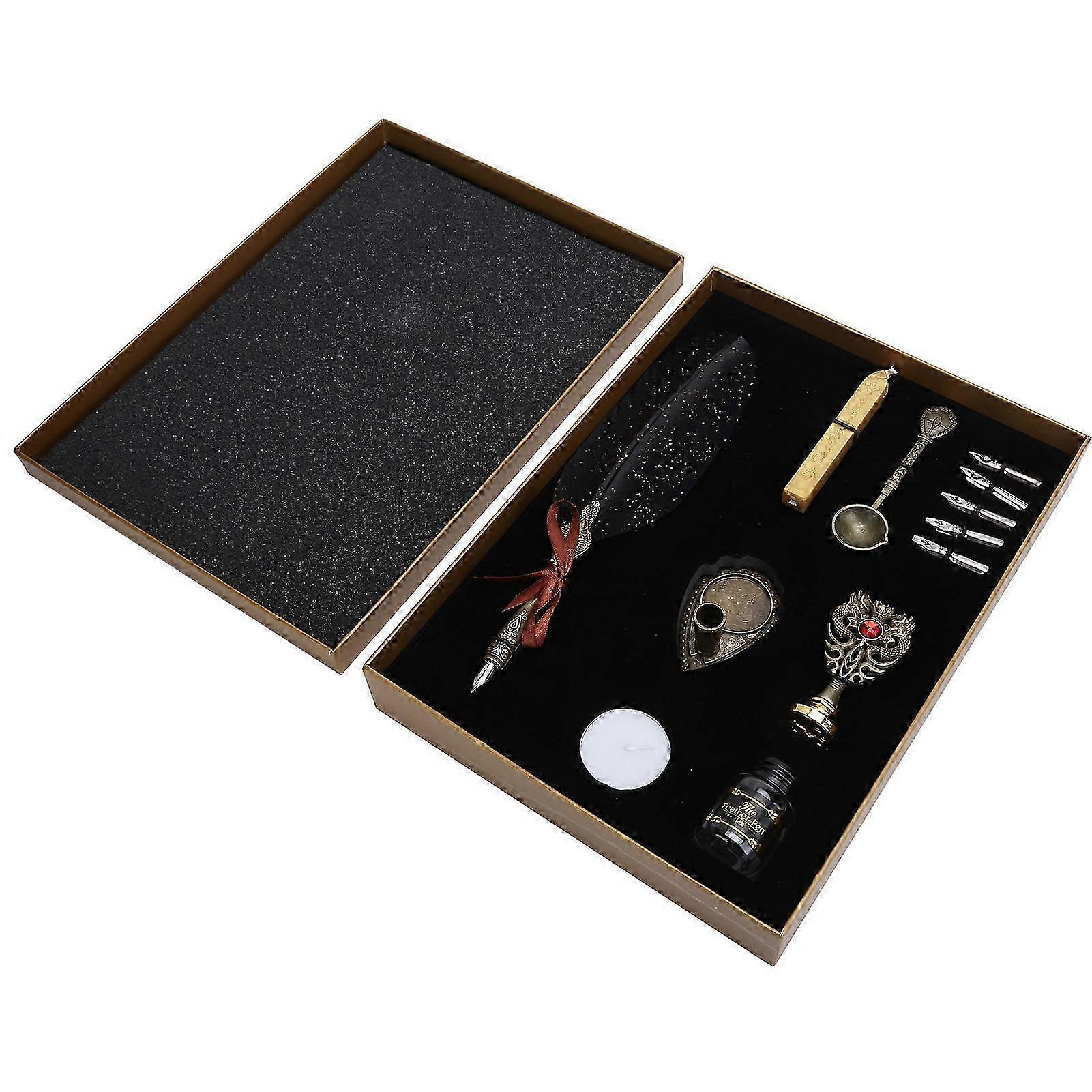 Vintage Feather Fountain Pen Set with Ink and Gift Box for Stationery Use