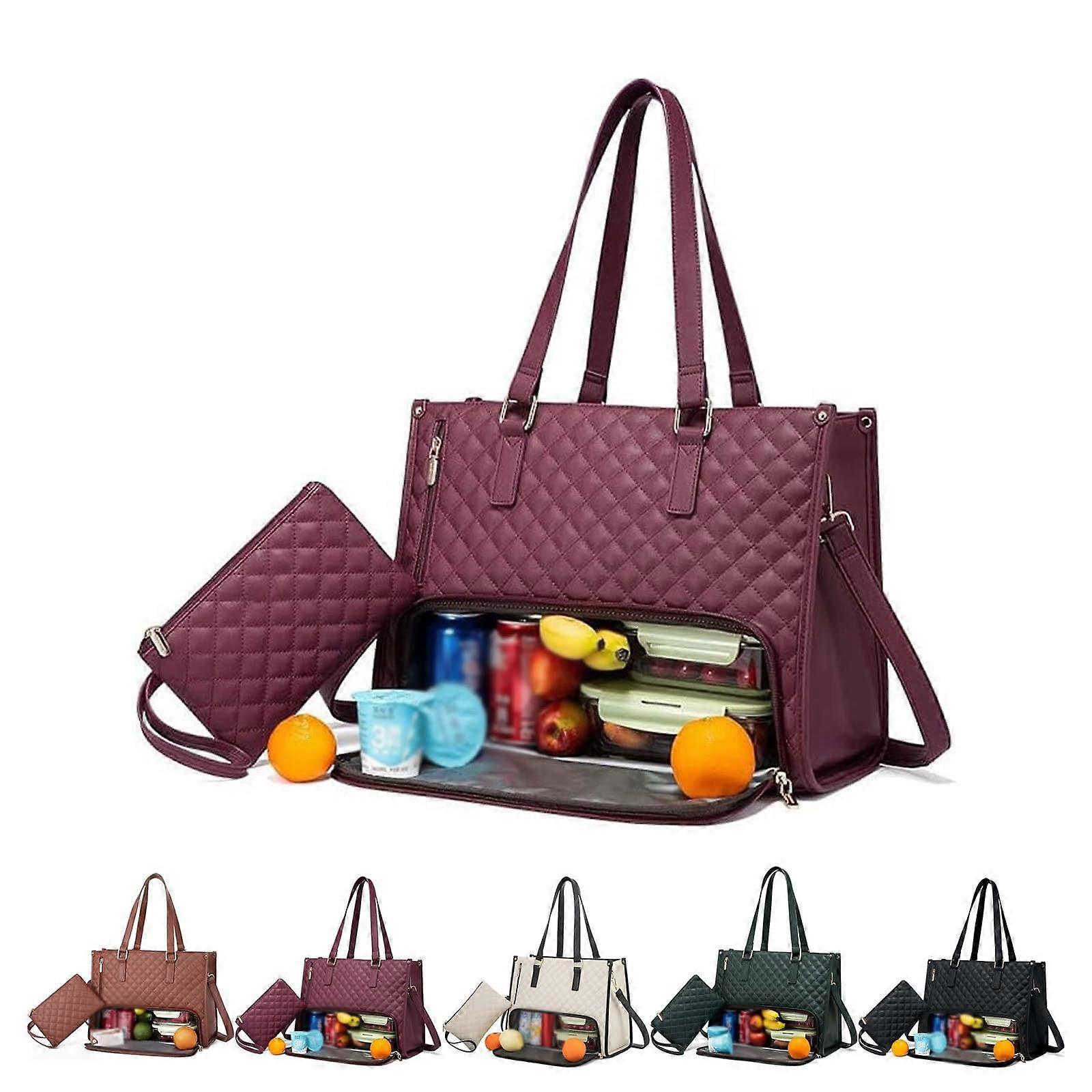 All In One Tote Bag Two In One Lunch Tote With Insulated Compartment And Purse Animal Print Wine Red