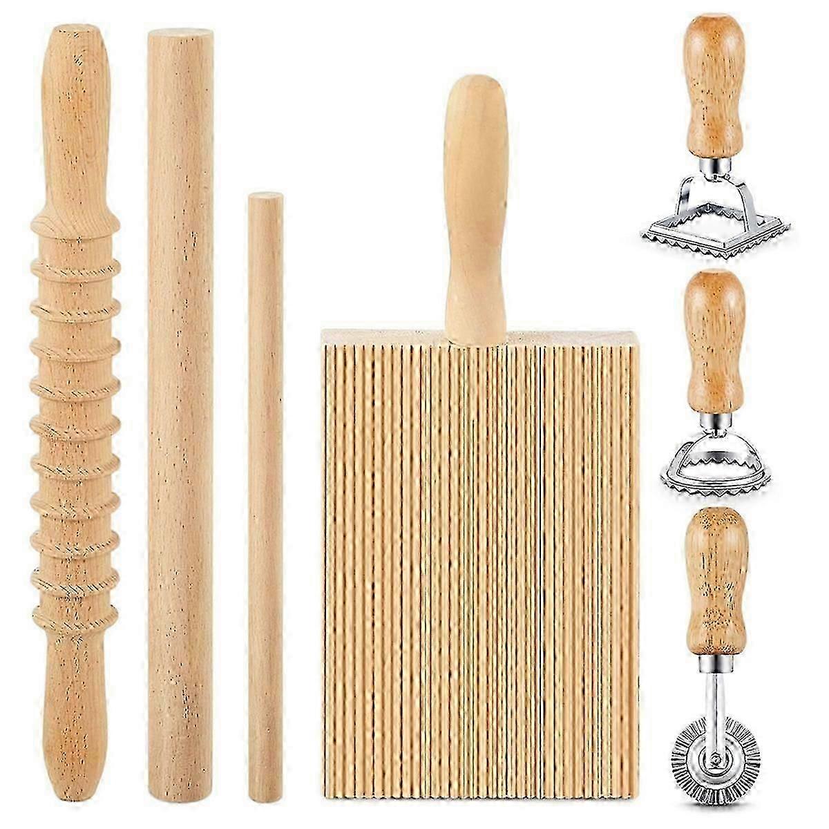 7 Pcs Pasta Making Tool, Wood Gnocchi Board with Ravioli Stamp and Rolling Pin Set, Pasta Maker for Homemade Pasta