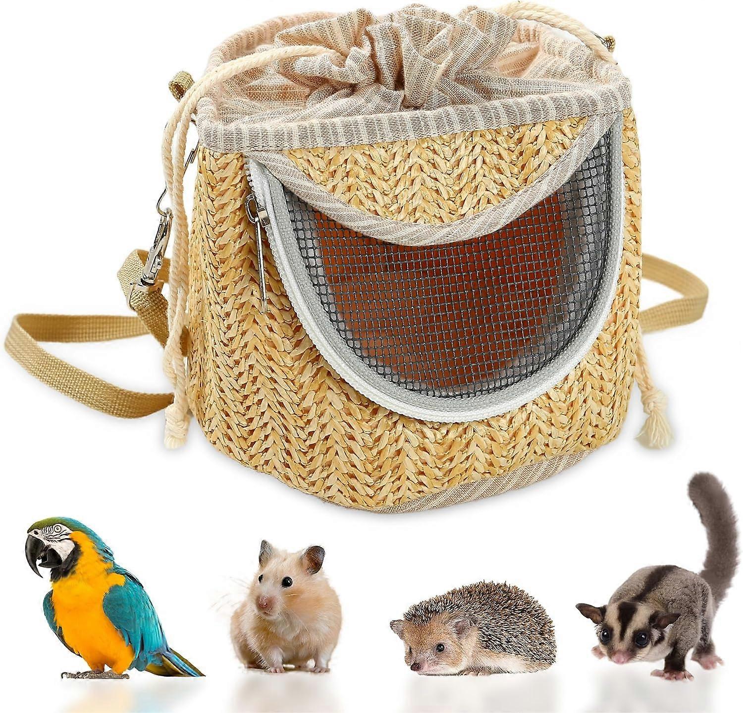 Bird Carrier Travel Cage Backpack with Straw Woven   Small Bird Cage, Portable Pet Backpack Breathable Outer Cage Bird Coffee