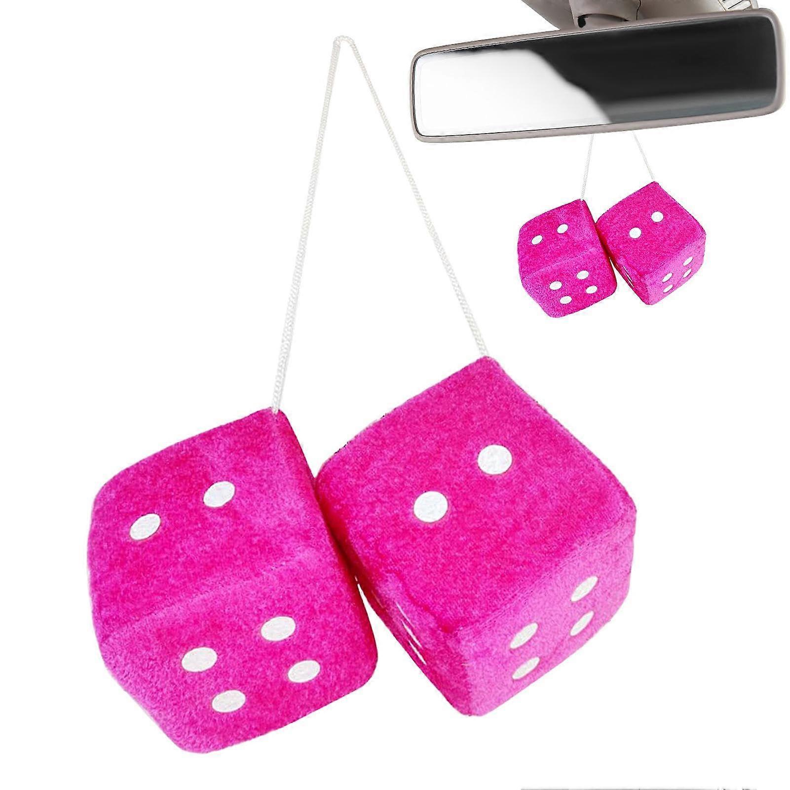 Car Hanging Fluffy Dice, Plush Dice for Car Interior, Fuzzy Hanging Dice for Rearview Mirror, Rose Red Fluffy Car Accessories Dice.