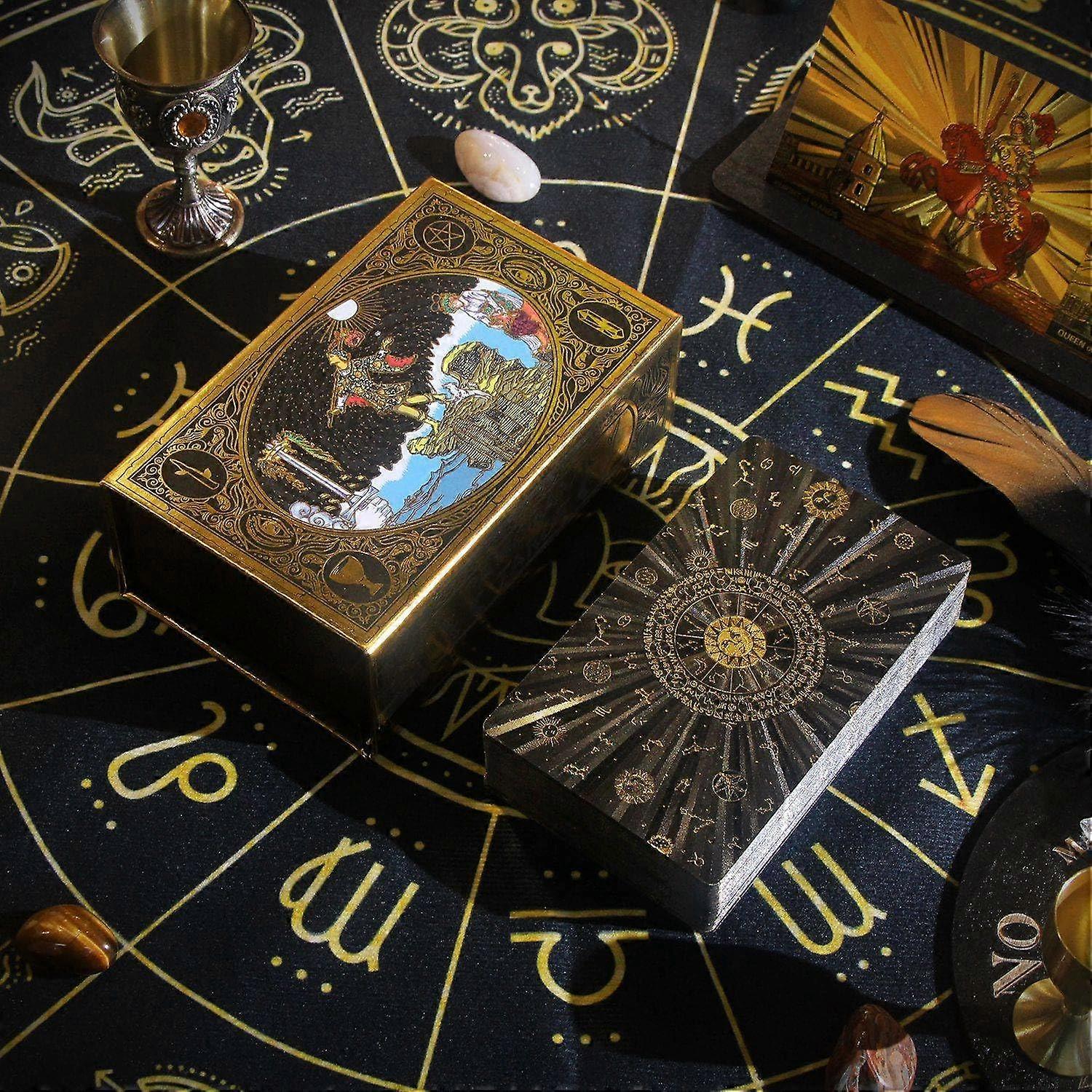 Golden Tarot Cards, Beautiful Waterproof Deck, Mystery Board Game, Colorful Divination Oracle, with Gift Box Gold Foil Tarot