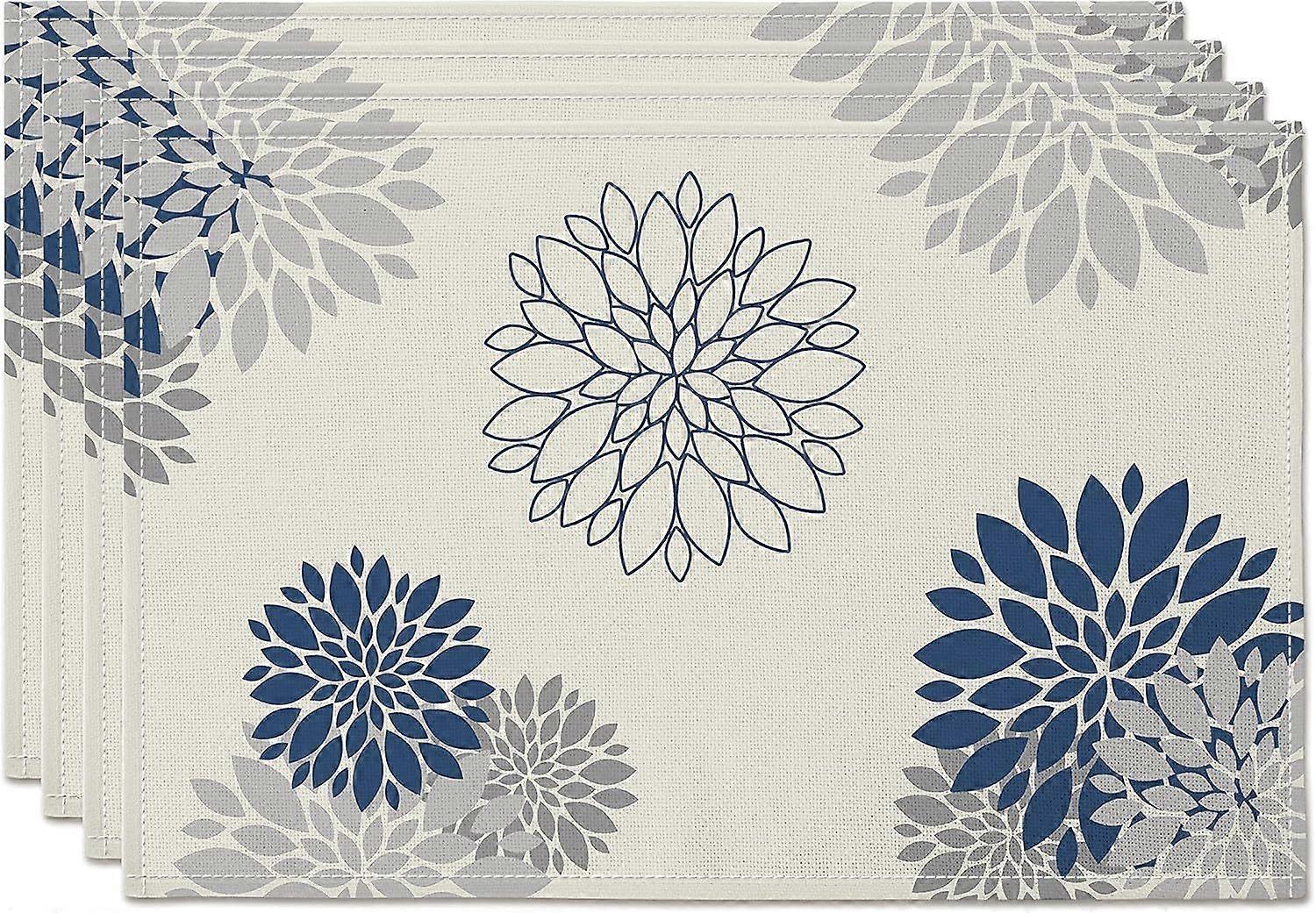 Blue Gray Placemat Dahlia Pinnata Flower Beige Burlap Waterproof Rectangular