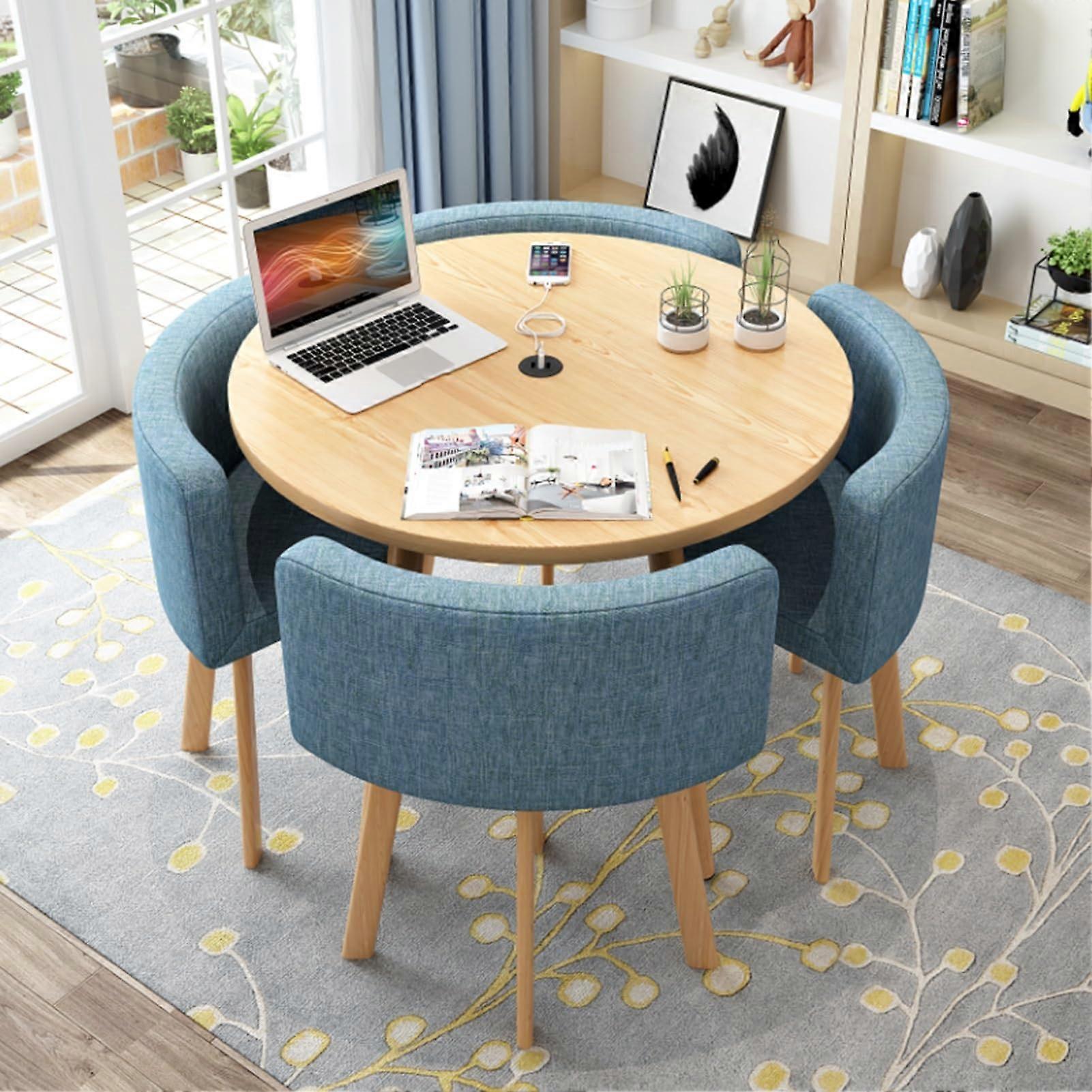 Round Office Reception Table With Kitchen Breakfast Bar Set Small Conference Room Table And Chair Set Blue Cotton Linen