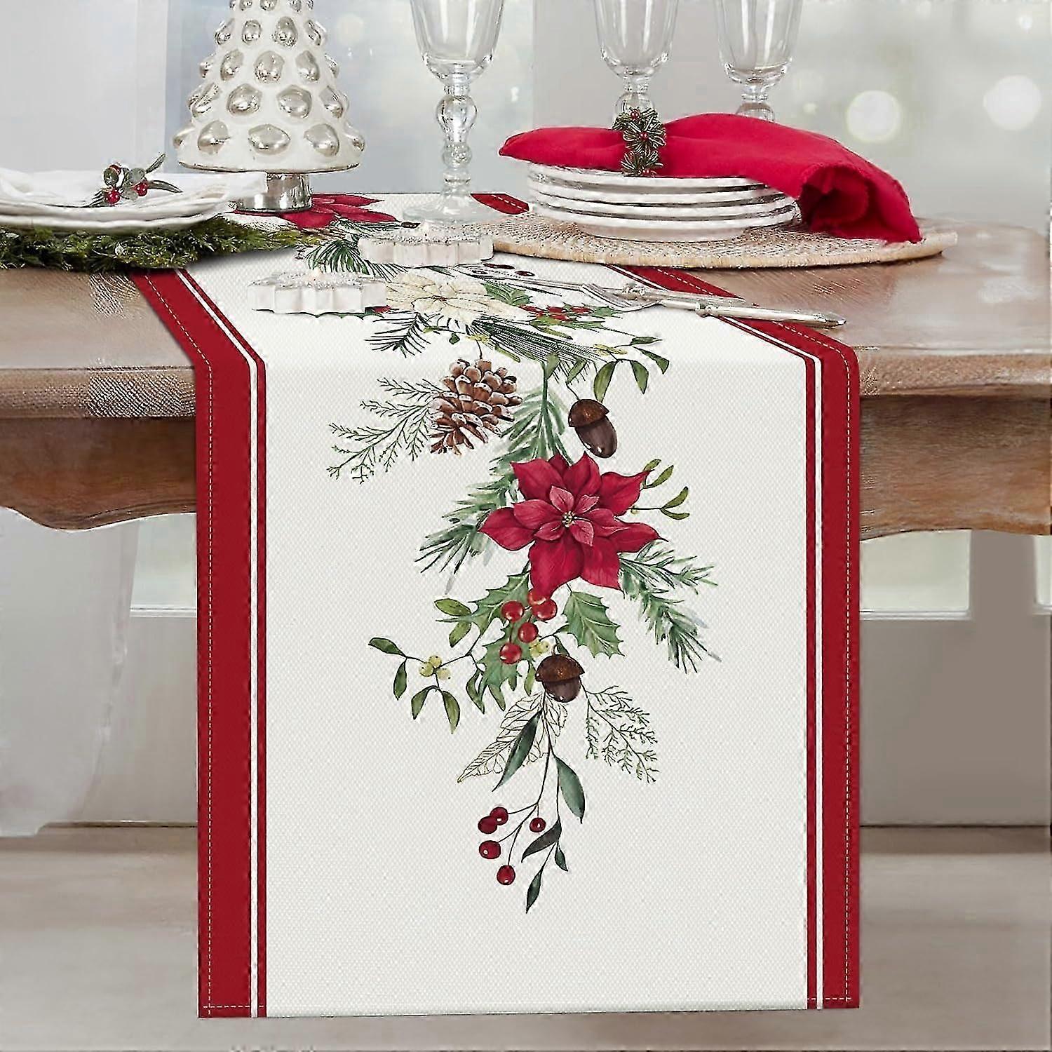 Christmas Poinsettia Table Runner 13x72 Inch Red Floral Pine Branch Seasonal Winter Holiday Kitchen Dining Table-Poinsettia