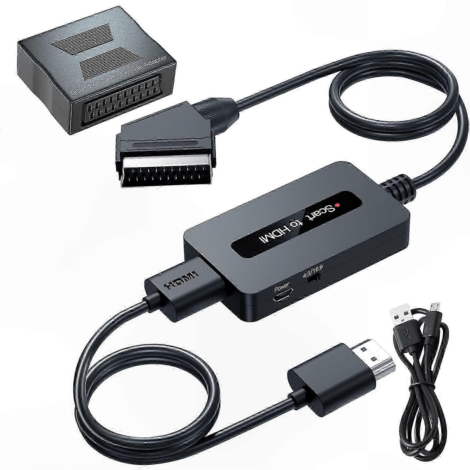 SCART to HDMI Adapter with Female to Female Connector, Supports 4:3 and 16:9 Output for Gaming Consoles, DVD Players, and Set-Top Boxes