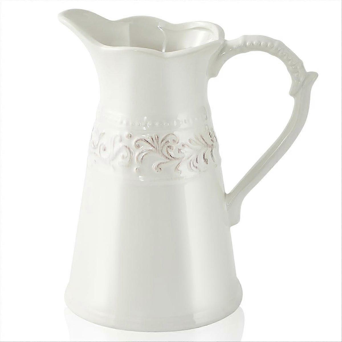 White Ceramic Pitcher Vase, 8.5inch for Home Decoration