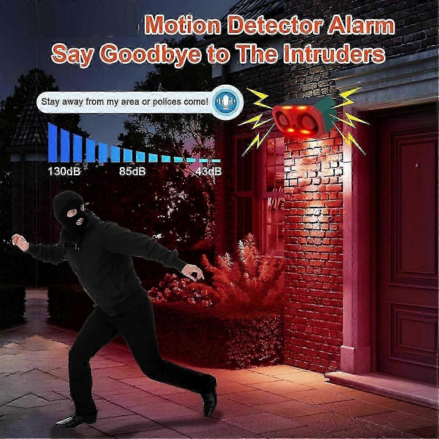 Solar Outdoor Motion Sensor Alarm with 13 Sound,130db Dual Speaker Motion Detector Alarm Light with