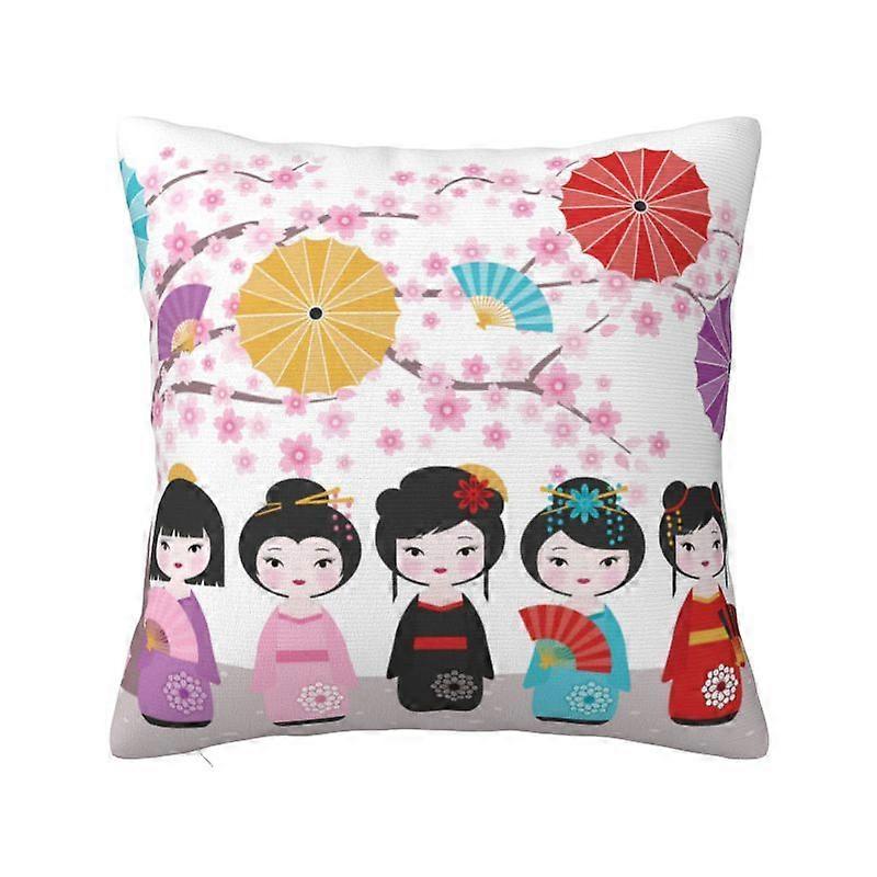 c567こけし人形桜スロー枕カバーデコレーション芸者少女アートクッションカバーソファカースクエアポリエステル枕カバーkjs567