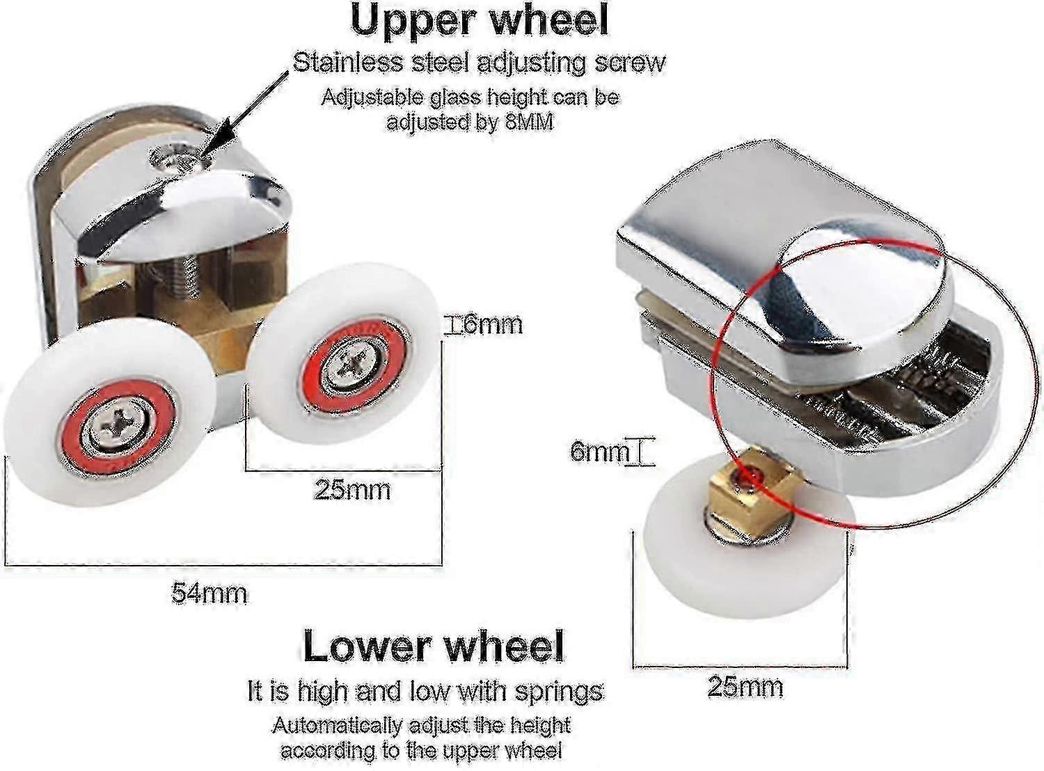 Shower Door Rollers Set - 4pcs 25mm Chrome Plated, 2 Top & 2 Bottom