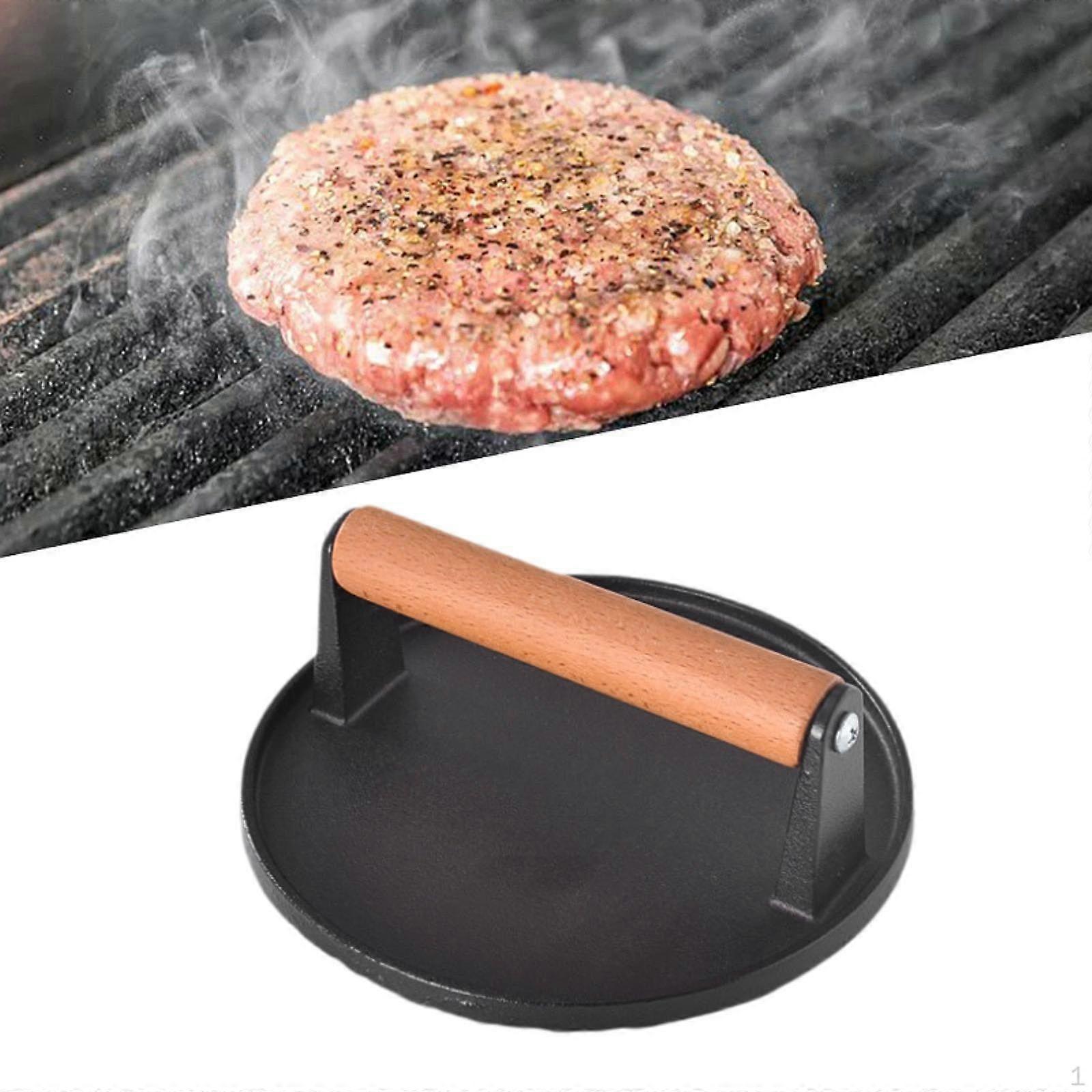Burger Press Barbecue Wooden Handle Heavy Duty Cast Iron Meat Hamburger for Home