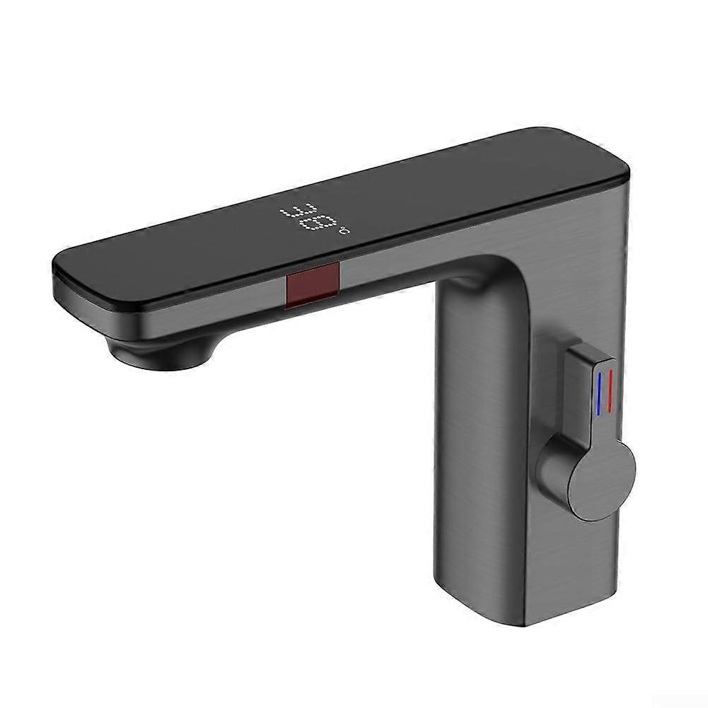 Touchless Sensor Basin Mixer Tap Automatic Bathroom Faucet with Digital Display Hot Cold Water Chrome Finish Grey