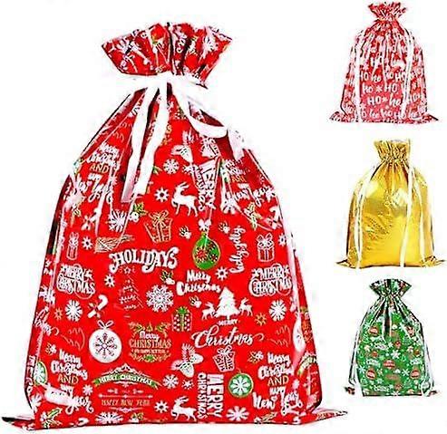 43 * 58cm Christmas Drawstring Gift Wrapping Bags, 4 Pcs Large Christmas Size Goody Bags Reusable Foil Drawstring Gift Bags for Festive Xmas Party Dec
