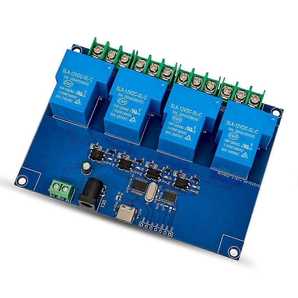 4CH USB Relay Module 12V 30A USB-C Relay Module Onboard CH340T Chip USB Computer Serial Port Intelligent Control Switch