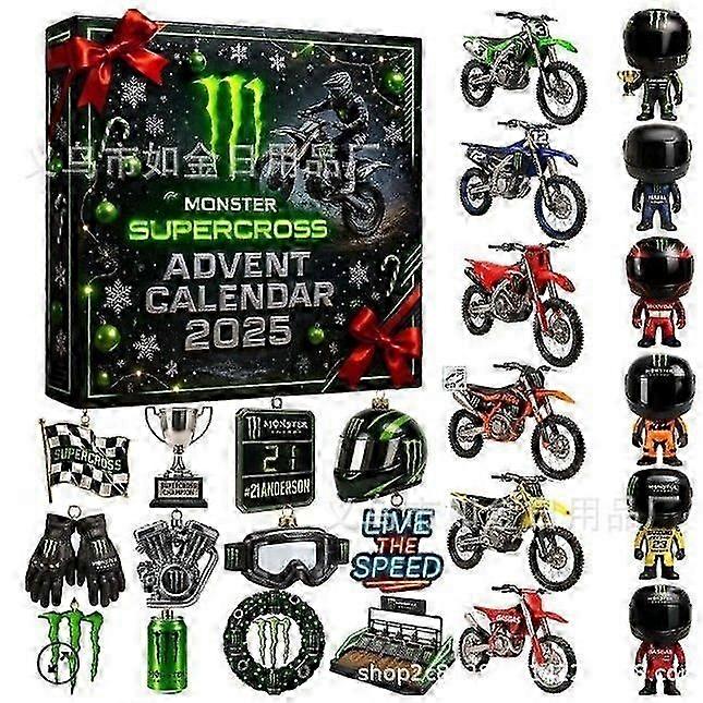 Calendar de Advent Motocross 2025 - Cadou de Crăciun cu numărătoare inversă pe 24 de zile, Cadou unic pentru iubitorii și piloții de Motocross, Ornamente acrilice 2D pentru motociclete pentru Crăciun