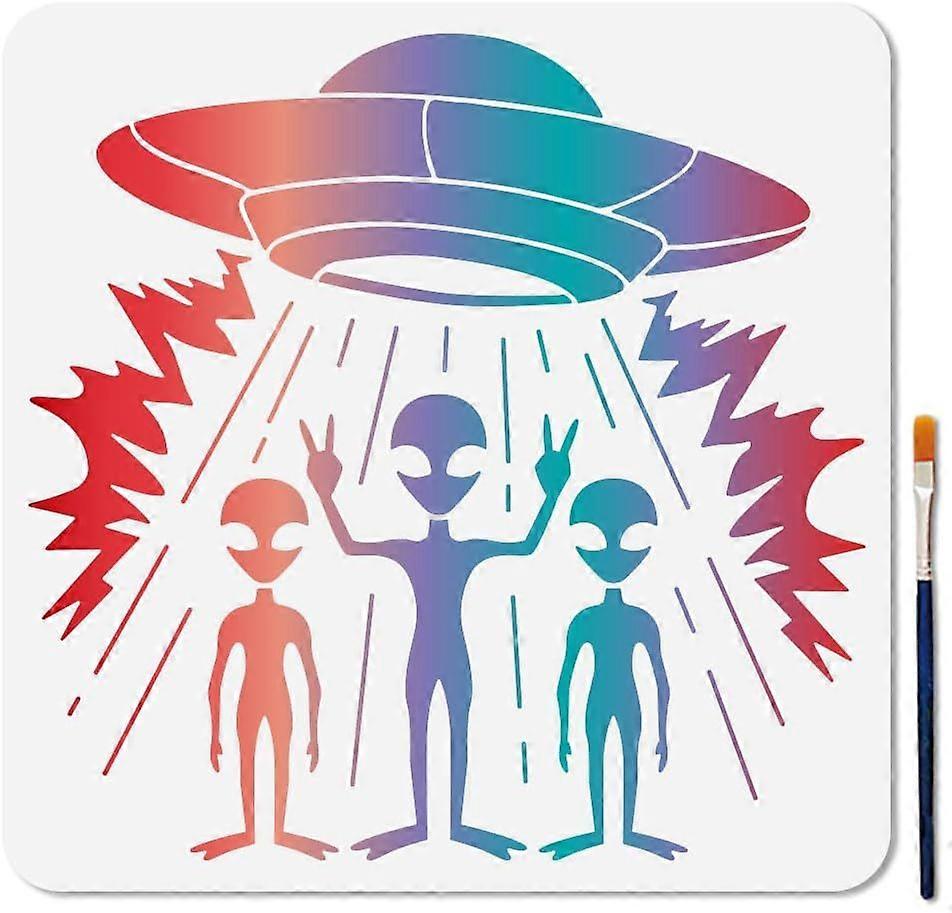 Alien UFO Stencils Reusable Aliens Pattern Stencils for Painting 11.8x11.8 Inches UFO Spaceship Drawing Templates with Paint Brush for Wood Wall Furni