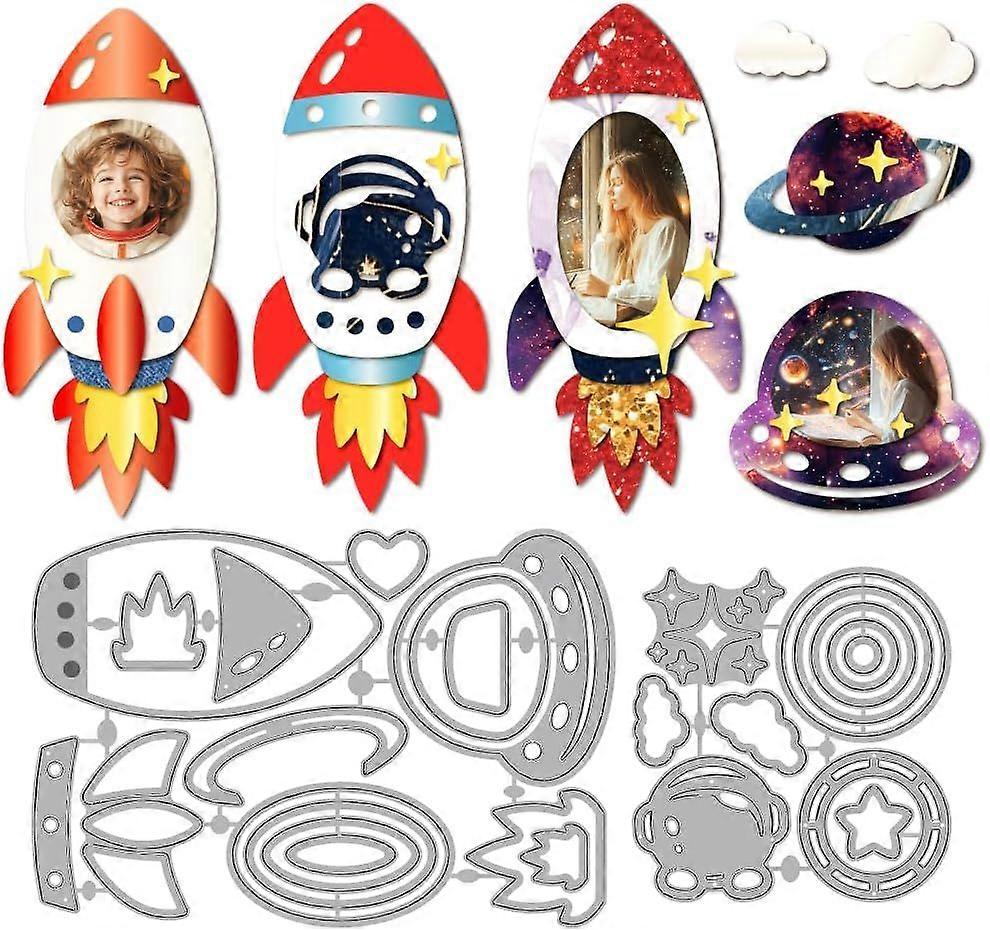 Rocket Photo Frame Metal Cutting Dies Planet Spaceship Die Cuts Space Universe Embossing Die Cut Stencils Decorative Paper Dies for Card Making DIY Sc