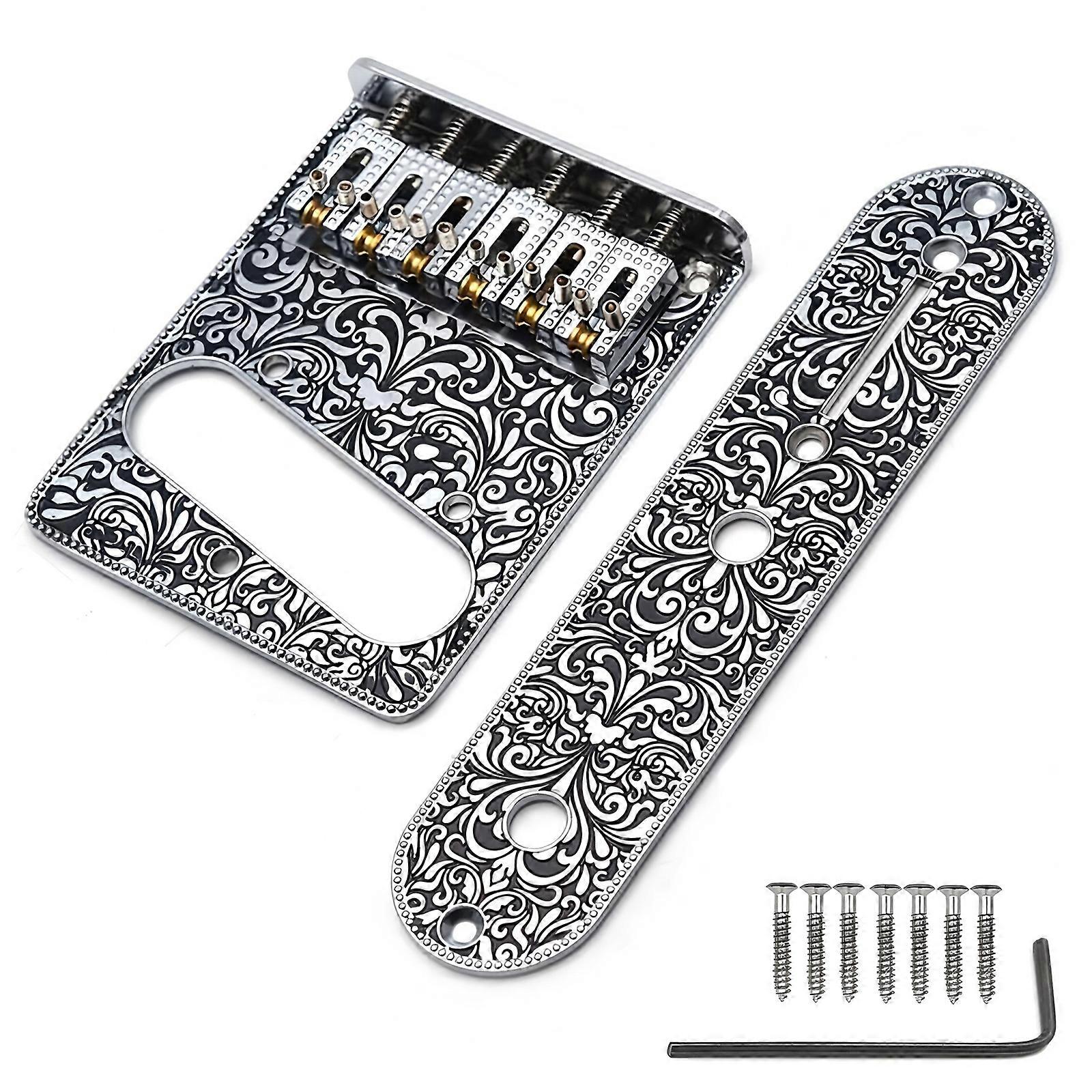 Professional 6 String Saddles Bridge Plate Electric Guitar Bridge Control Panel with Carving Decorative Pattern  Silver