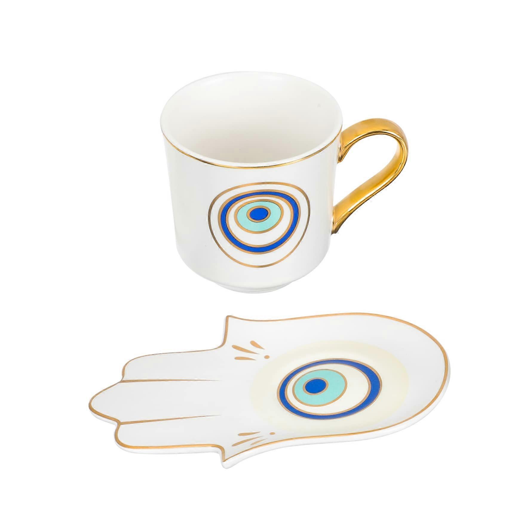 Evil Eye Coffee Mug Set of 2 with Saucers Turkish Style Porcelain Tea Cups for Home or Cafe