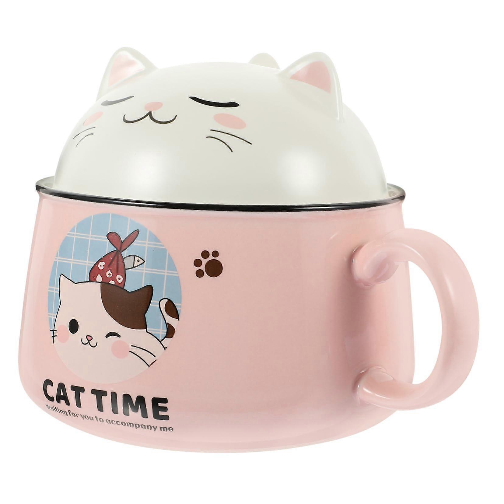 Ramen Bowl with Lid and Handle Japanese Style Cat Pattern Insulated Instant Noodle Soup Bowl