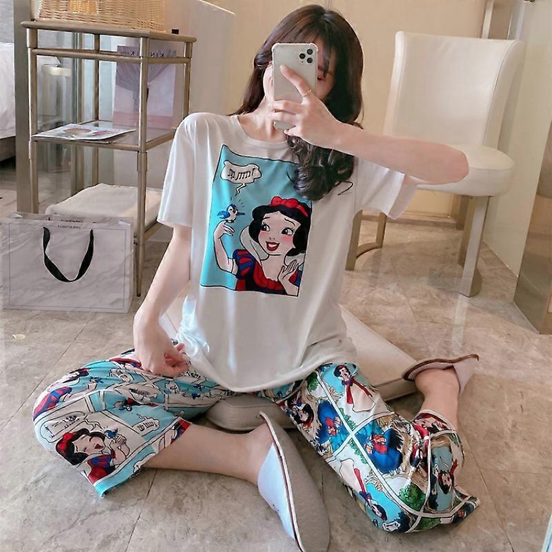 Pajama Women's Summer Thin Round Neck Short Sleeved+long Pants Snow White Mickey Cartoon Casual Home Suit Set