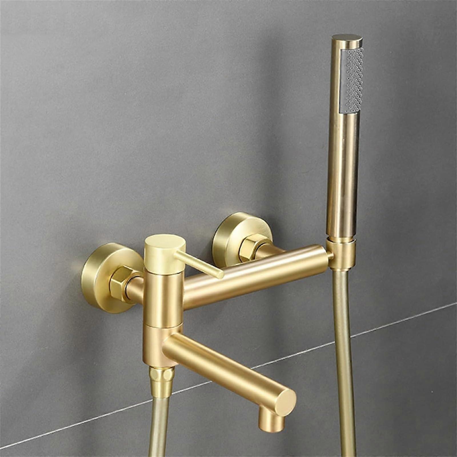 Gold Wall Mounted Bathtub Faucet with Single Lever, 90° Rotating Spout and Hand Shower