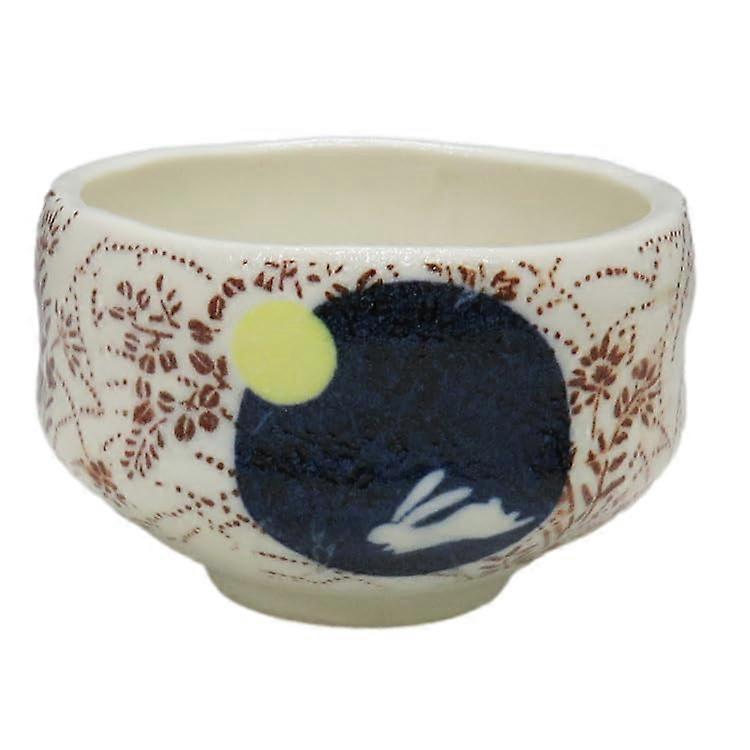 Japanese Mino Ware Matcha Tea Bowl 3.74 Inch Authentic Japanese Pottery Cup Moon and Rabbit Pattern
