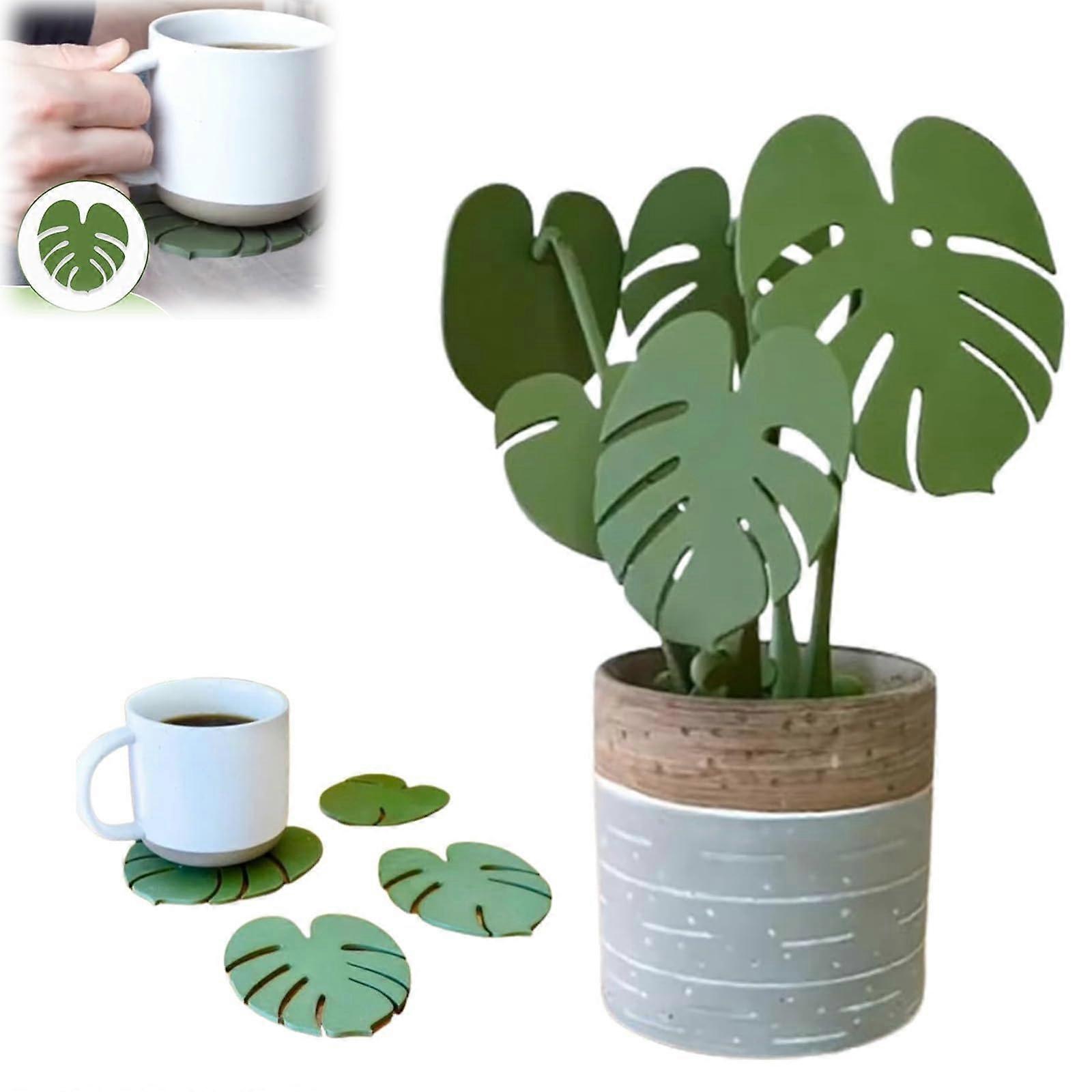 Magnetic Monstera Leaf Coaster Set with Decorative Design and SpaceSaving Compact Base, Green