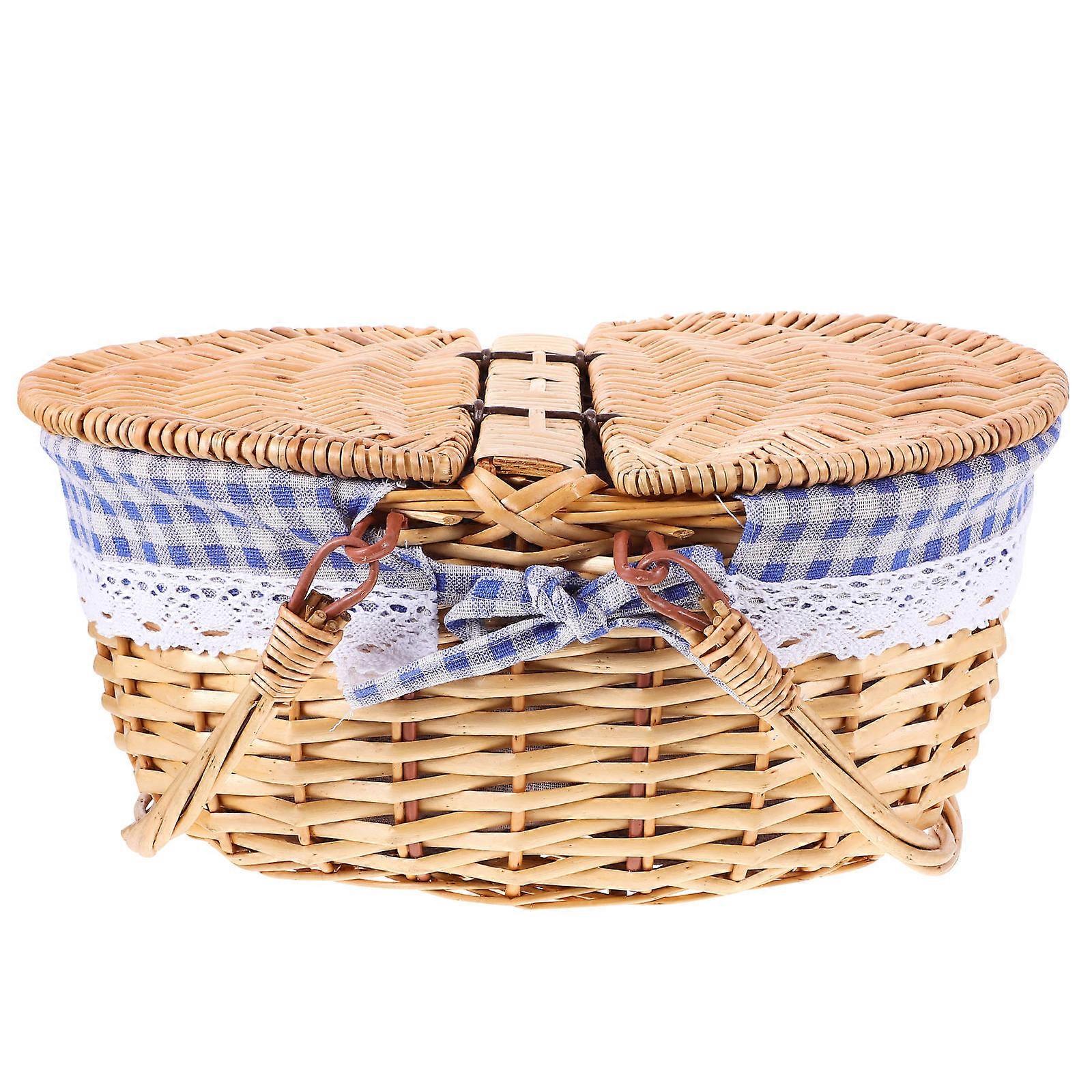 Rectangular Woven Picnic Basket With Lid For Kitchenware In Rustic Style For Storing Sundries 1Pack