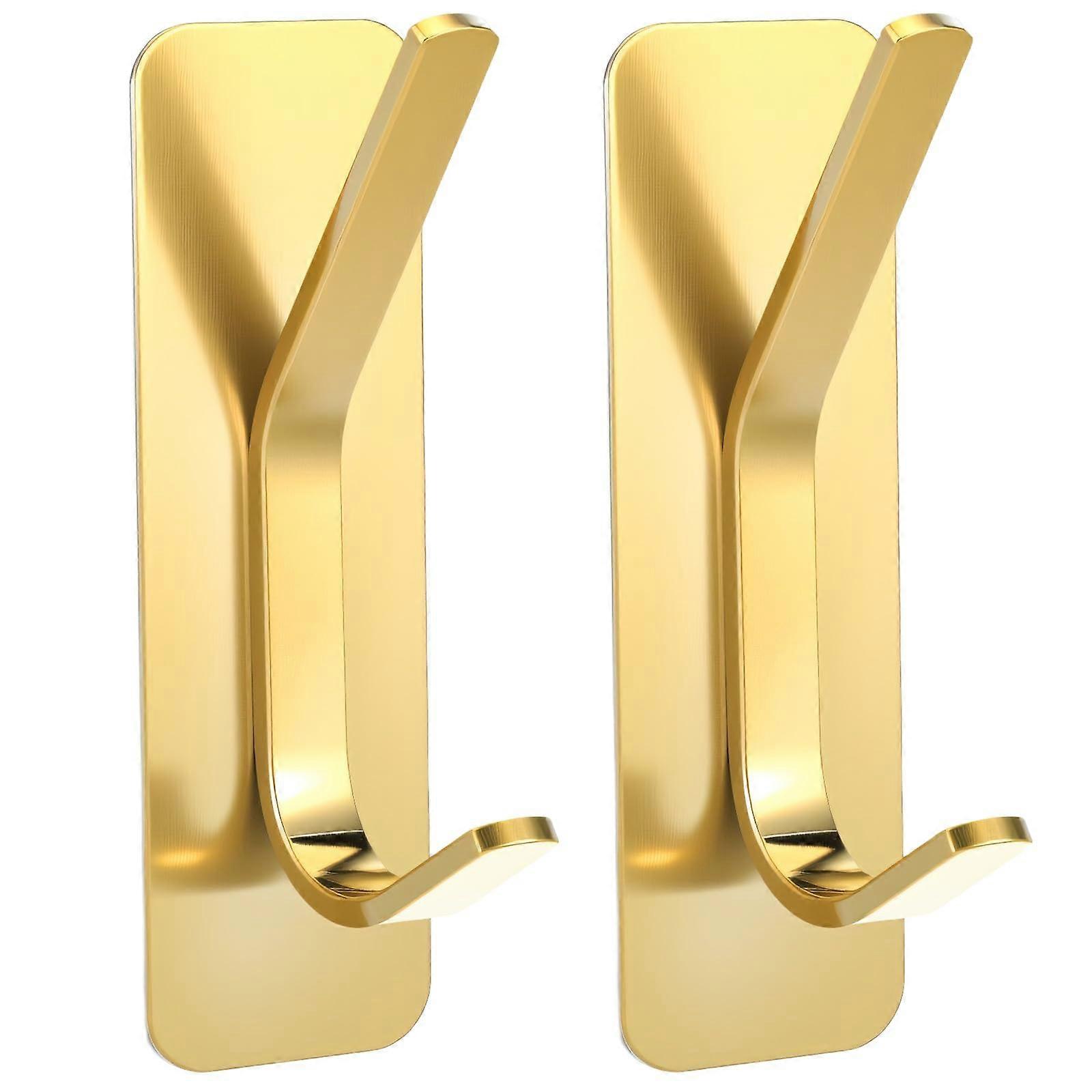 2 Pcs Gold Heavy Duty Adhesive Hooks RustResistant for Bathroom Kitchen Office 30lb Load