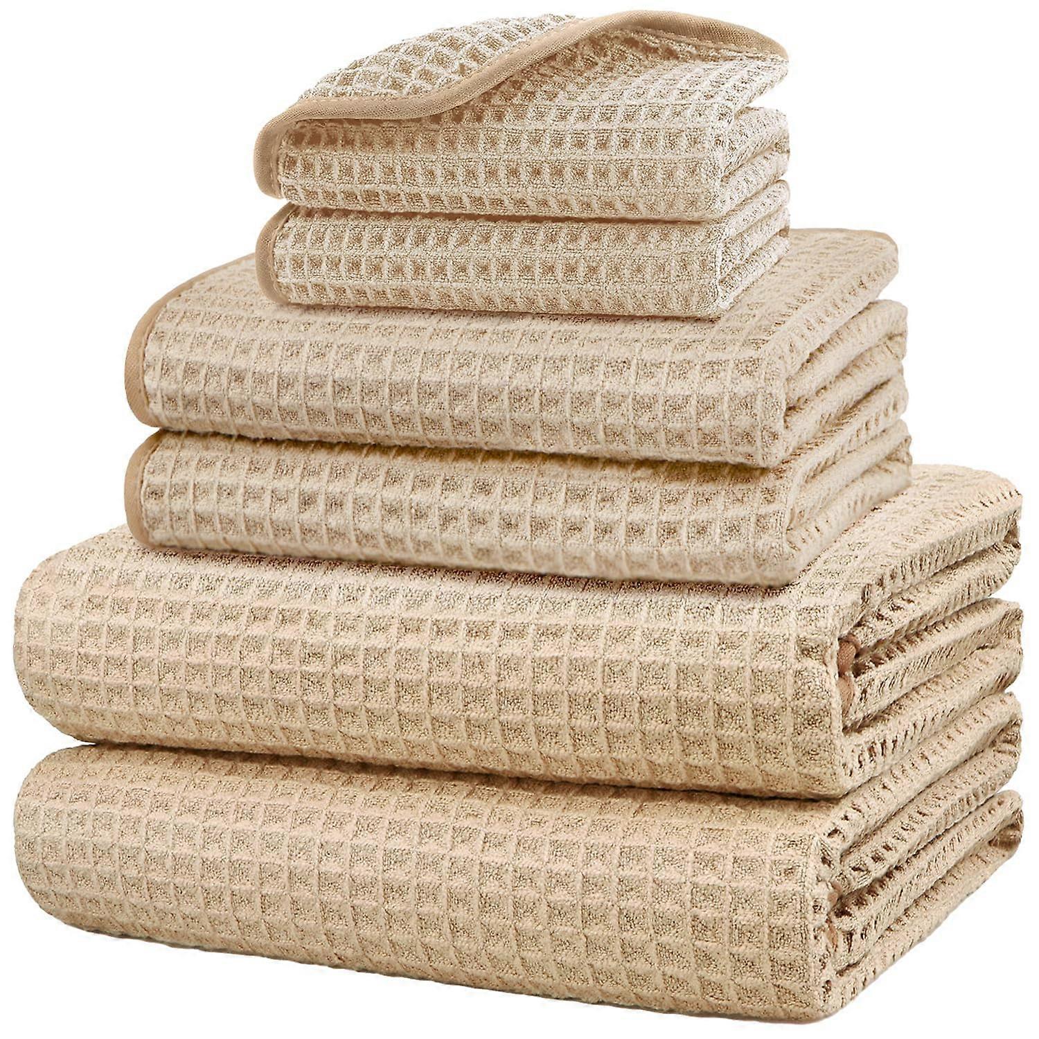 6 Piece Waffle Weave Microfiber Bath Towel Set, Quick Absorption Fast Drying, Beige