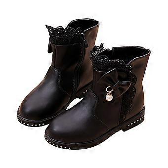 Kurze Lederstiefelchen für Kleinkinder, Mädchen, gefüttert mit Fleece, Prinzessinnenschuhe mit weicher Sohle, schwarze Performance-Schuhe für Schülerinnen der Mittelstufe, Größe 5-6 Jahre
