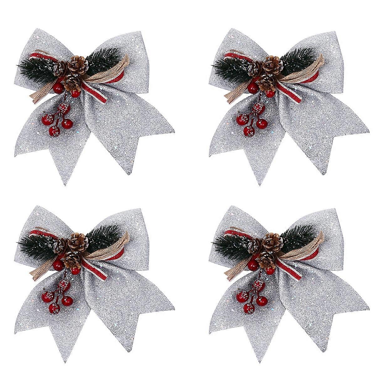 Pine Cone Christmas Ornaments Silver Bow Decor 4Pcs