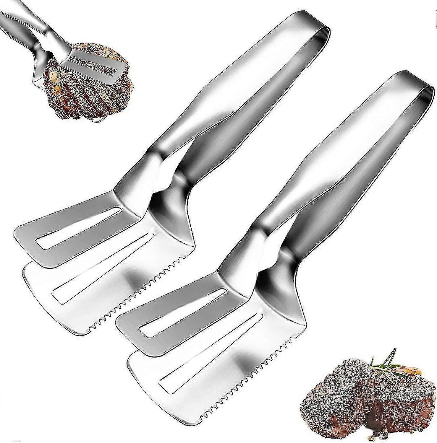 2pcs Stainless Steel BBQ Tongs with Cutting Function