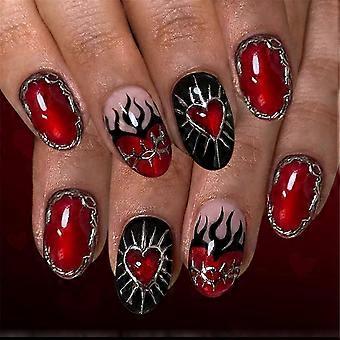 3D Cat Eye Flame Press On Nails, 24Pcs Red Heart Valentine Design with Gold Foils, Multiple Size Kit, Multicolor
