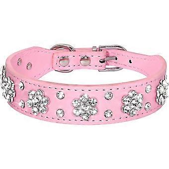 Cute PU Leather Dog Collar - Rhinestone Flower Pattern Studded - 1 Inch Width Fit Small and Medium Dogs,Pink 12-15"