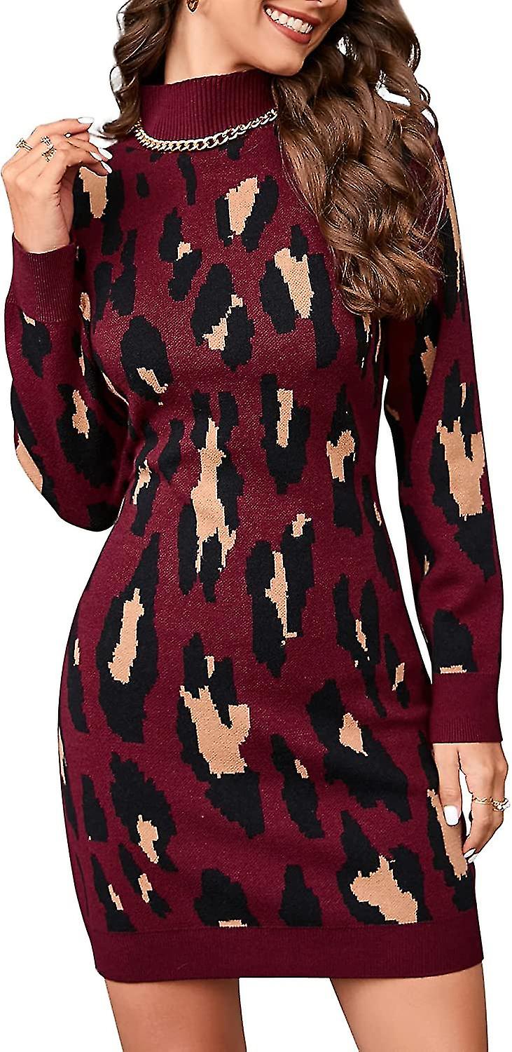Robe pull pour femmes Mock Col Roulé Color Block Leopard Print Côtelé Bodycon Pullover Mini S-2xl