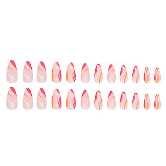 Pink & Rose Red Wave Printed Almond False Manicure Ultra-flexible Long Lasting Fake Nails For Women And Girl Nail Salon